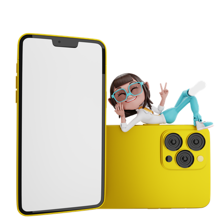 Woman lying on the phone giving victory pose  3D Icon