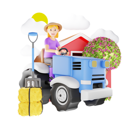 Woman Maintaining Garden with Compact Tractor  3D Illustration