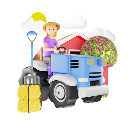 Woman Maintaining Garden with Compact Tractor  3D Illustration