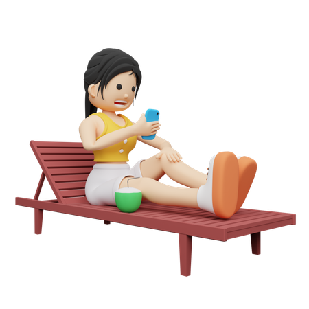 Woman on Beach Holiday surfing mobile  3D Illustration