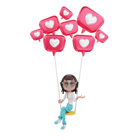 Woman on love air balloons  3D Icon