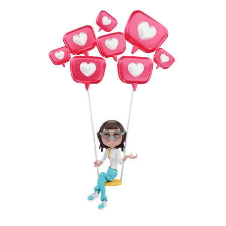 Woman on love air balloons  3D Illustration