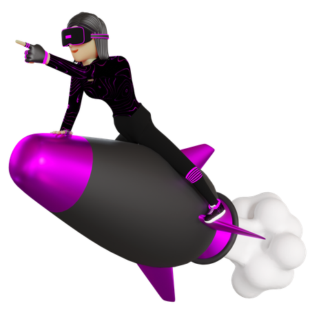 Woman On Rocket With Virtual Reality Device Metaverse  3D Illustration