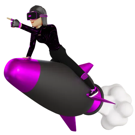 Woman On Rocket With Virtual Reality Device Metaverse  3D Illustration