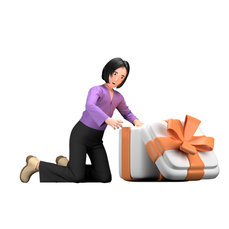 Woman opening surprise birthday gift  3D Illustration