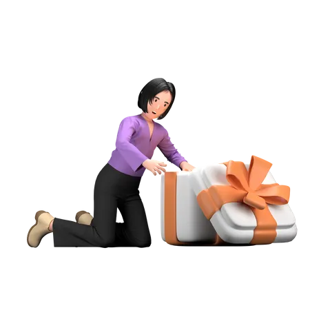 Woman opening surprise birthday gift  3D Illustration