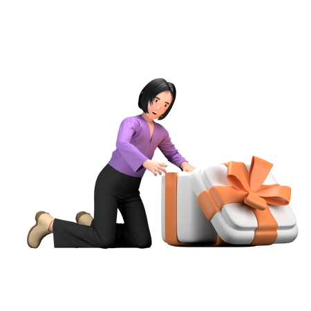 Woman opening surprise birthday gift  3D Illustration