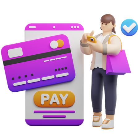 Woman Pays Bill Through Mobile  3D Illustration