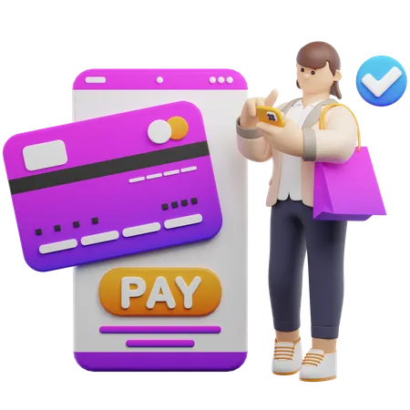 Woman Pays Bill Through Mobile  3D Illustration