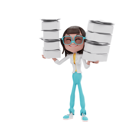 Woman pick up a lot of files  3D Illustration