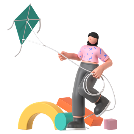 Woman Playing with Kite  3D Illustration