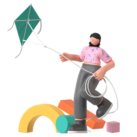 Woman Playing with Kite  3D Illustration