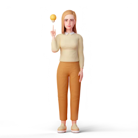 Woman pointing at lamp of think  3D Illustration