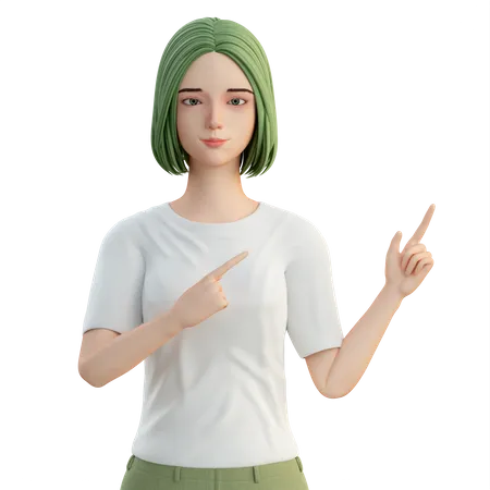 Woman pointing at left side using both hands  3D Illustration