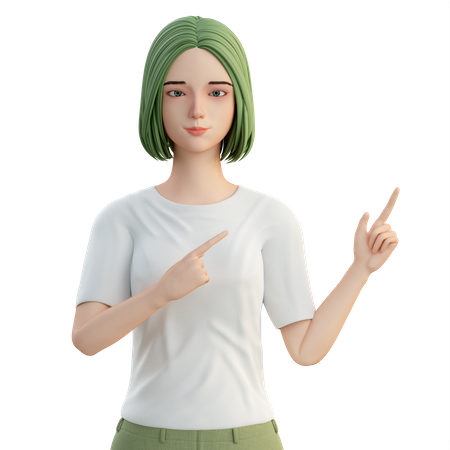 Woman pointing at left side using both hands  3D Illustration