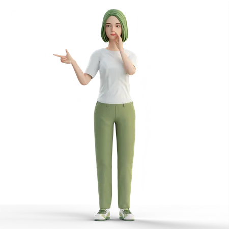 Woman pointing at right side and make loud sound  3D Illustration