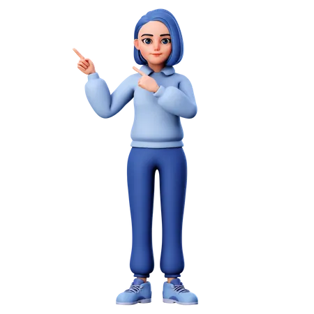 Woman pointing at right top using both hand  3D Illustration
