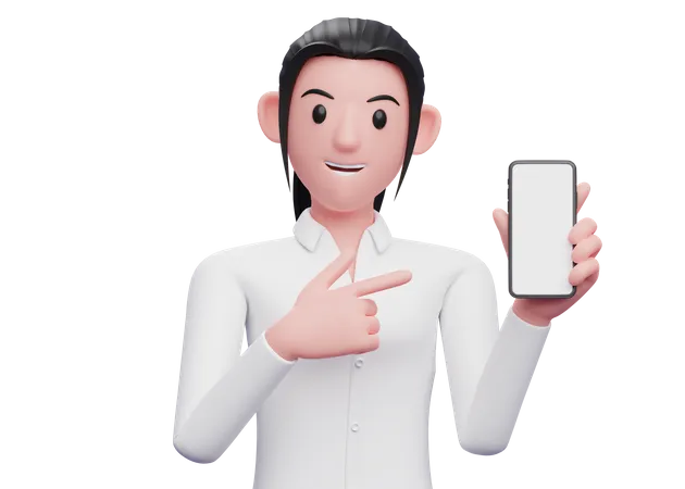 Woman pointing finger at blank mobile screen  3D Illustration