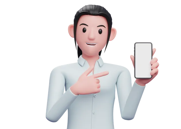 Woman pointing finger at blank mobile screen  3D Illustration