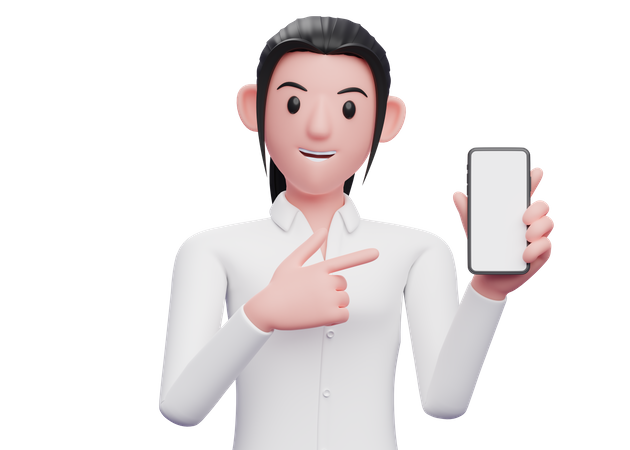 Woman pointing finger at blank mobile screen 3D Illustration