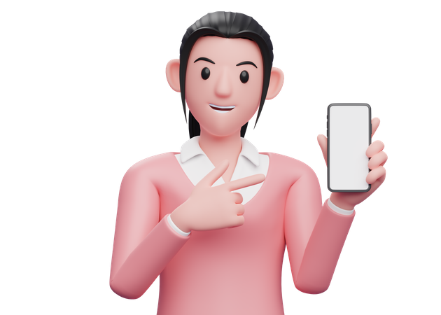 Woman pointing finger at blank mobile screen 3D Illustration