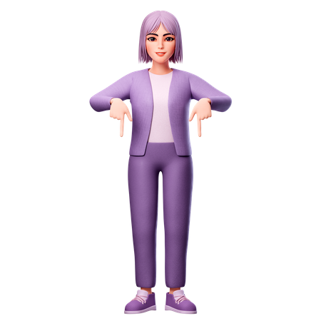 Woman Pointing To Down Side Using Both Hand  3D Illustration