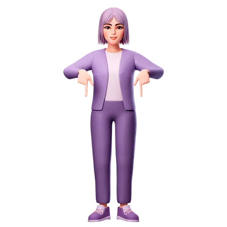 Woman Pointing To Down Side Using Both Hand  3D Illustration