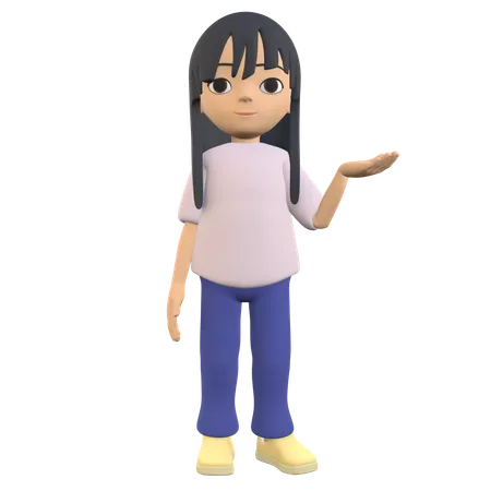3 D Woman Character Poses In A Clueless Pose With Her Palms Raised As If Showing Something 3D Illustration