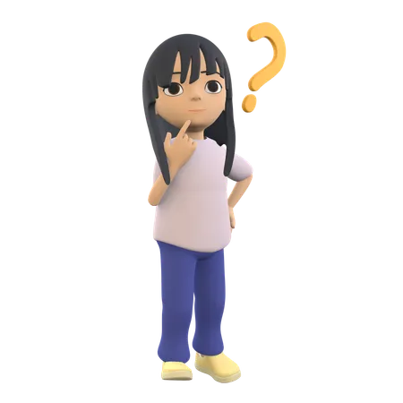 3 D Woman Character Posing Confused With Index Finger Holding Chin 3D Illustration