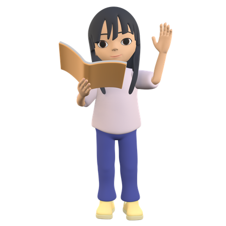 Woman Posing Holding A Book While Waving Her Hand  3D Illustration