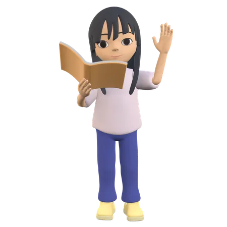 3 D Woman Character Posing Holding A Book While Waving Her Hand 3D Illustration