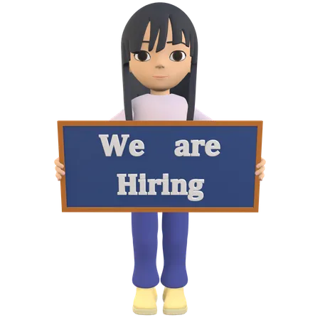 3 D Woman Character Posing Holding A Sign That Says We Are Hiring 3D Illustration