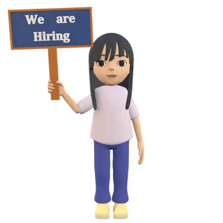 3 D Woman Character Posing Holding A Sign That Says We Are Hiring 3D Illustration