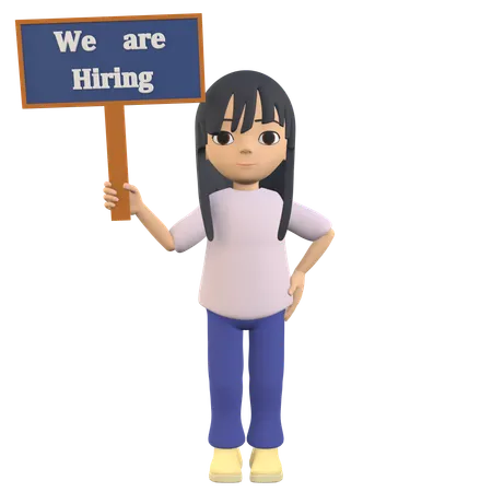 Woman Posing Holding A Sign That Says We Are Hiring  3D Illustration