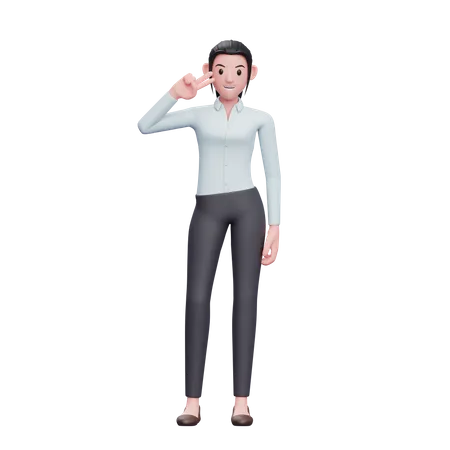 Woman Posing Peace Finger On Cheek 3D Illustration