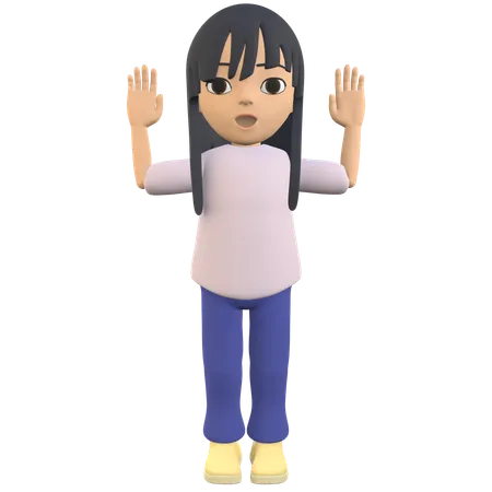 3 D Woman Character Posing Raising Both Hands As If Surprised 3D Illustration