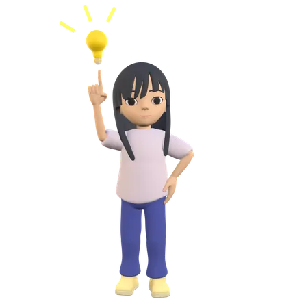 3 D Woman Character Posing Raising Her Index Finger With A Lamp Above Her As If She Has An Idea 3D Illustration