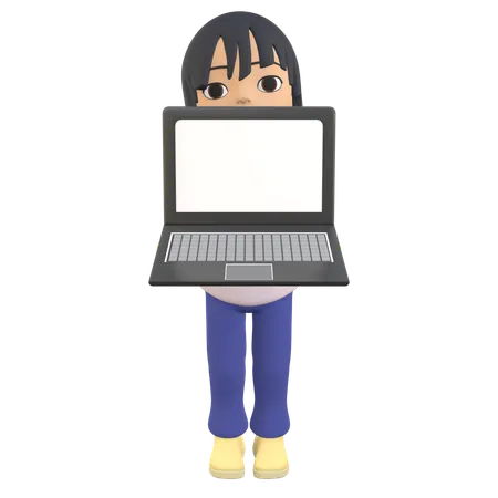 3 D Woman Character Posing Standing And Showing A Laptop Screen 3D Illustration