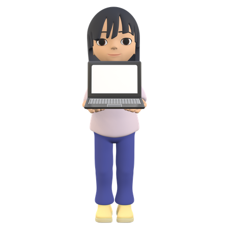Woman Posing Standing And Showing A Laptop Screen  3D Illustration