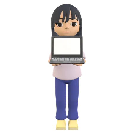3 D Woman Character Posing Standing And Showing A Laptop Screen 3D Illustration