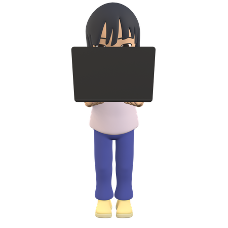 Woman Posing Standing Holding A Laptop  3D Illustration