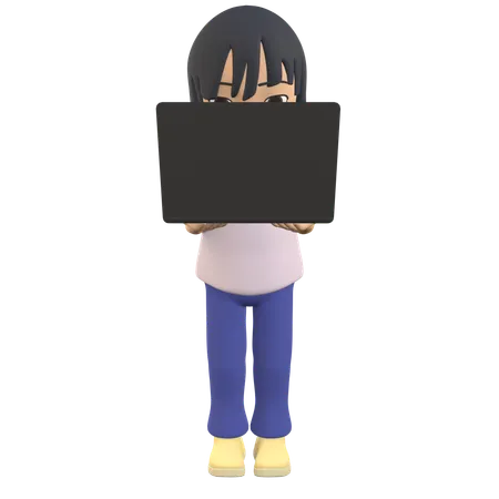 3 D Woman Character Posing Standing Holding A Laptop 3D Illustration