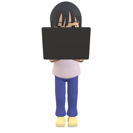 Woman Posing Standing Holding A Laptop  3D Illustration