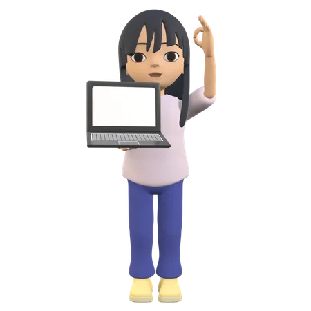 3 D Woman Character Posing Standing Showing A Laptop Screen While Giving The Ok Finger 3D Illustration