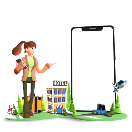 Woman presenting online hotel booking application  3D Illustration