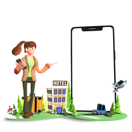 Woman presenting online hotel booking application  3D Illustration