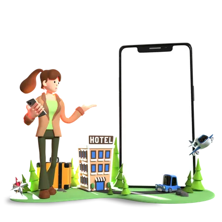 Woman presenting online hotel booking application 3D Illustration