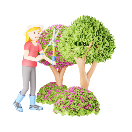 Woman Pruning Small Tree  3D Illustration