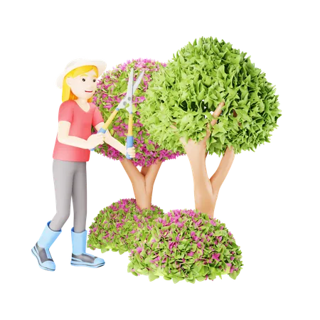 Woman Pruning Small Tree  3D Illustration