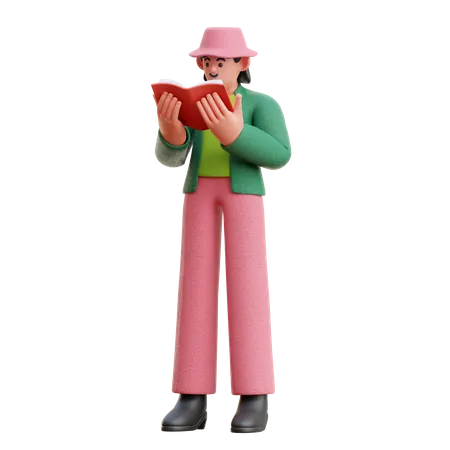 Woman Reading A Book Seriously While Standing 3D Illustration